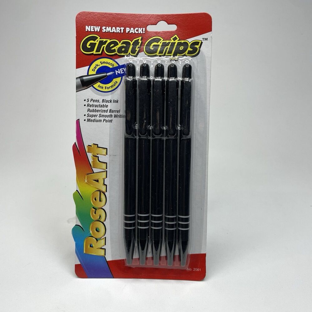 Vntg 1996 Great Grips RoseArt Black Ink Pens NOS NEW SEALED Pack Clip Smooth HTF